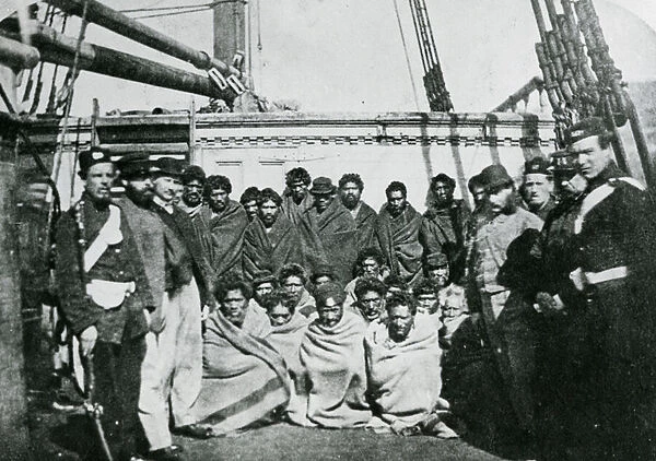Maori Prisoners on board a prison hulk in Wellington Harbour, 1866 (b  /  w photo)