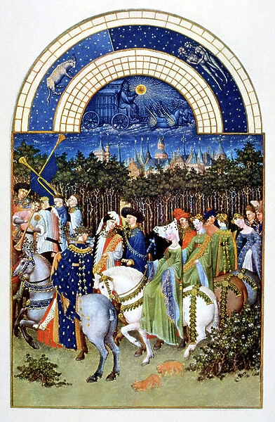 May from Les Tres Riches Heures du Duc de Berry ('The Very Rich Hours of the Duke of Berry, 15th century prayerbook) - showing men playing the sackbut and natural trumpet