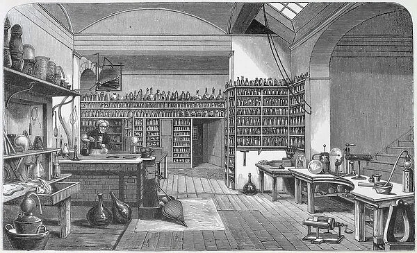 Michael Faraday (1791-1867) in his basement laboratory, from Henry Bence Joness