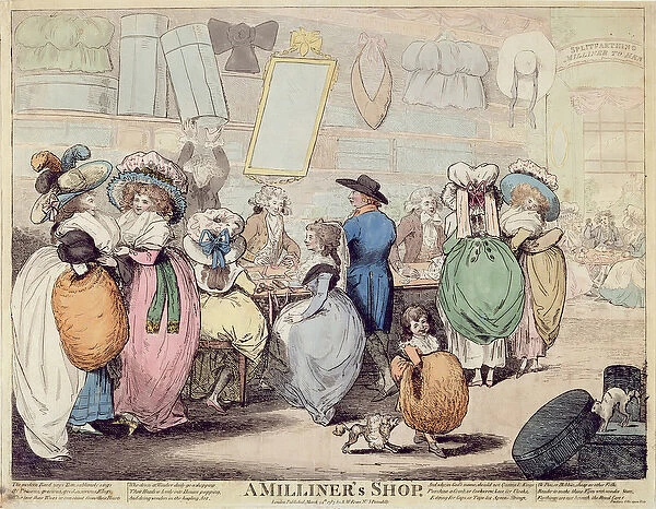 A Milliners Shop, published in 1787 (hand coloured etching)