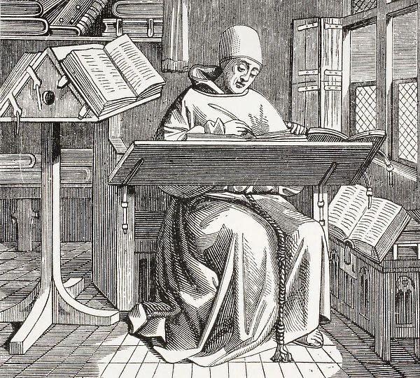 A monk scribe surrounded by manuscripts and books at his desk, after a 15th century work