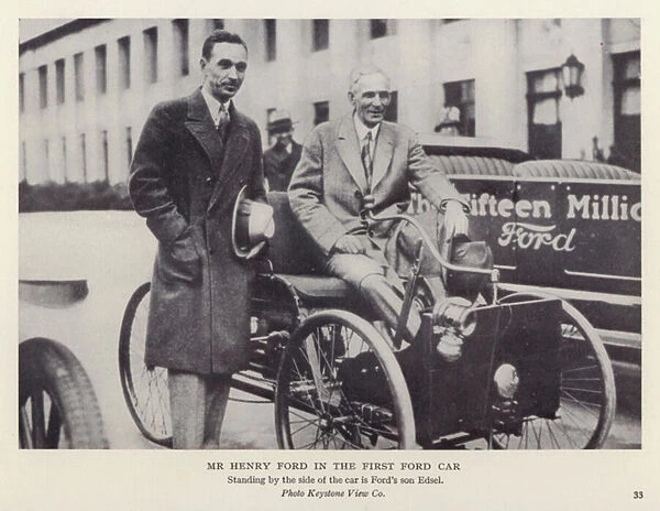 Mr Henry Ford in the first Ford car (b  /  w photo)