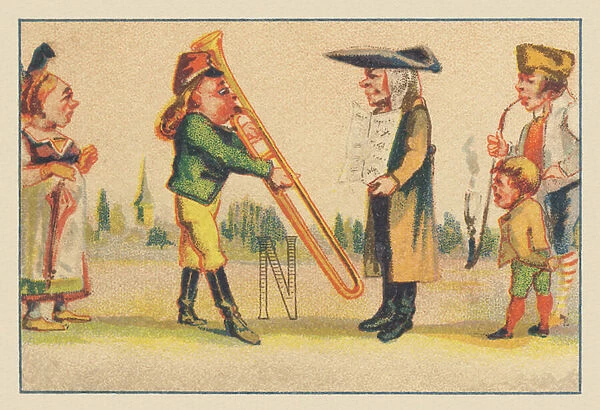 N (letter shown by a trombonist and a man holding a score)