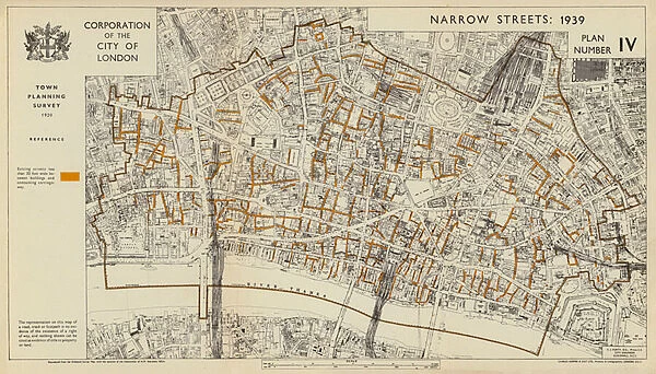 Narrow streets less than 30 feet wide, City of London, 1939 (colour litho)