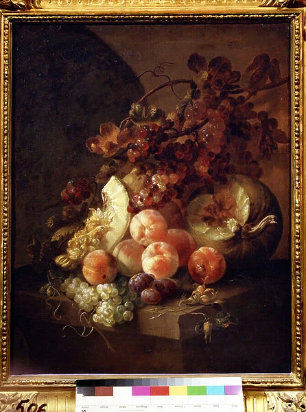 Nature morte aux peches (Still life with peaches). Peinture de Jan Frans van Son (1658-1718). Huile sur toile, 77 x 64 cm, 17e siecle. Ecole flamande, art baroque. Musee des Beaux Arts Pouchkine, Moscou