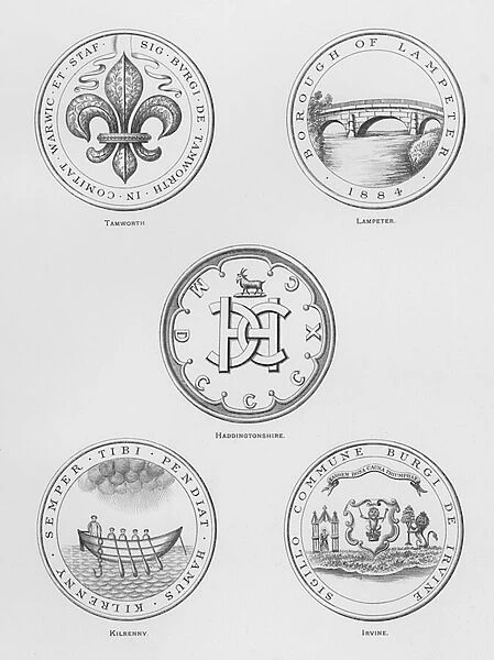 Public arms: Tamworth; Lampeter; Haddingtonshire; Kilrenny; Irvine (engraving)