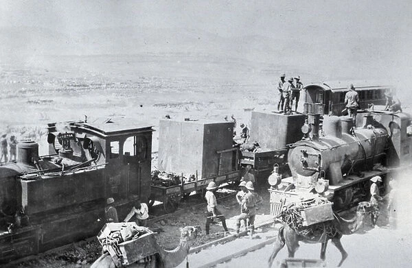 Railway locomotives with supply camels in Mesopotamia during World War One