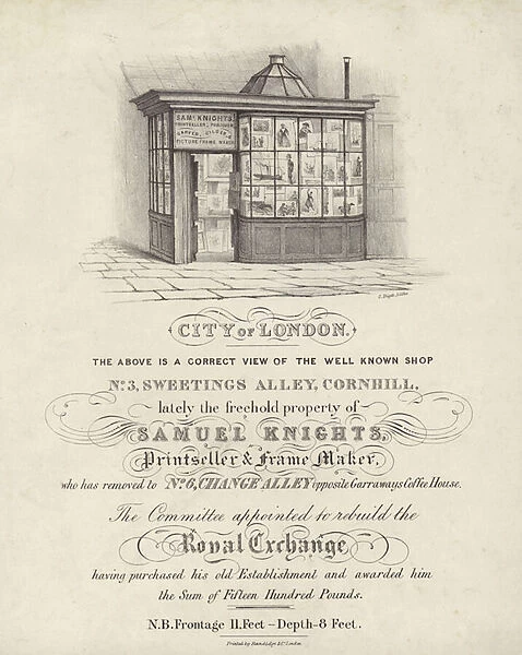 Shop of Samuel Knights, printseller and frame maker, 3 Sweetings Alley, Cornhill, City of London (litho)