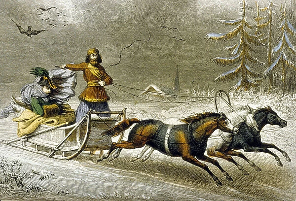 A Sled in the Snow, Russia (colour engraving)