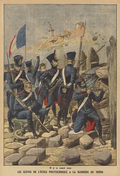 Students of the Ecole Polytechnique defending the Barriere du Trone, one of the gates of Paris, in 1814 (colour litho)
