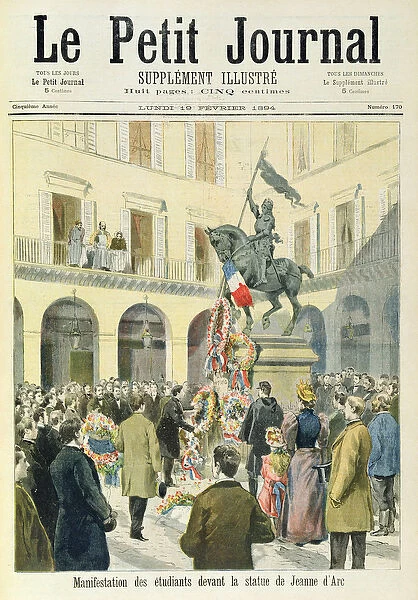 Students gather at the statue of Joan of Arc, from the front page of the illustrated