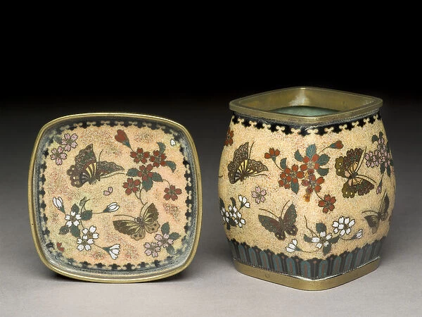 Tobacco jar and stand with butterflies and flowers, c. 1880 (cloisonne enamel)