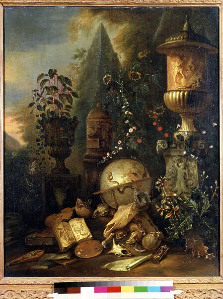 Vanite, nature morte au vase (Vanitas, still life with a vase). Peinture de Matthias Withoos (1627-1703). Huile sur toile, 83 x 67 cm. Art hollandais du 17e siecle. Musee des Beaux Arts Pouchkine, Moscou