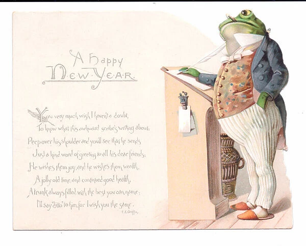 A Victorian New Year card of a frog dressed as a scribe writing on a piece of paper with