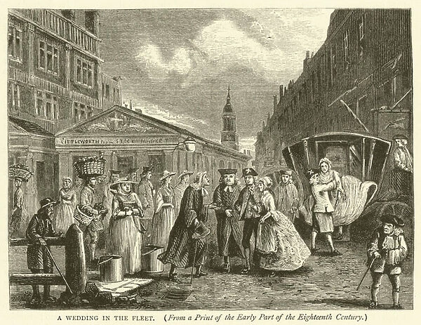 A wedding in the Fleet, from a print of the early part of the eighteenth century (engraving)