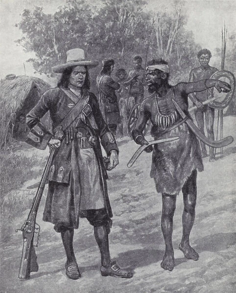 William Dampier with an indigenous man during his exploration of Australia, late 17th century (litho)