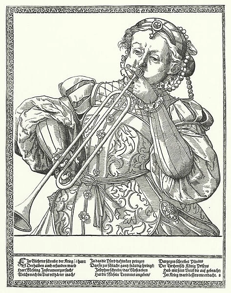 Woman playing a trombone or sackbut (engraving)