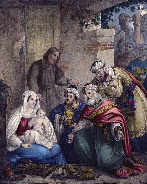 The worship and offerings of the Wise Men (colour litho)