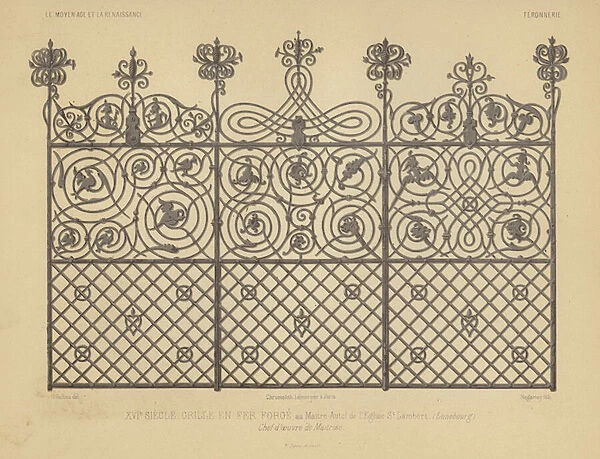 Wrought iron gate from the altar of the Church of St Lambert, Luneburg, Germany, 16th Century (chromolitho)