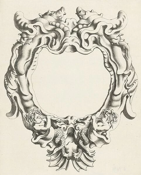 Cartouche with lobe ornament, down two sea gods, Michiel Mosijn, Gerbrand van den