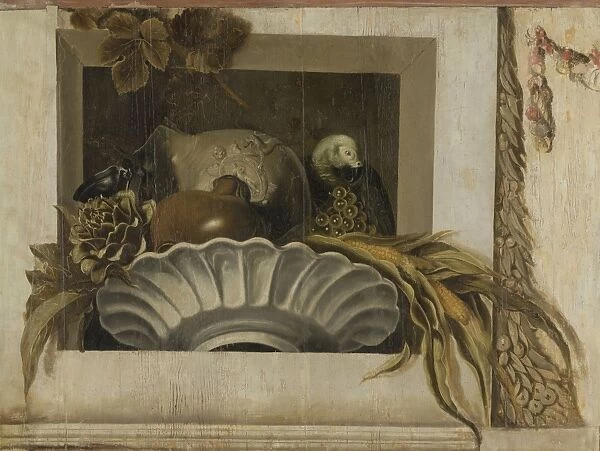 Still Life with a Bowl of Corn, Artichokes, Grapes and a Parrot, Jacob van Campen