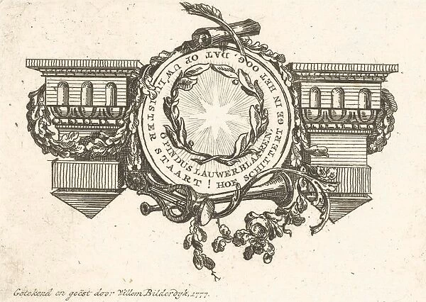 Vignette with architrave and medallion with star and garland of oak, Willem Bilderdijk
