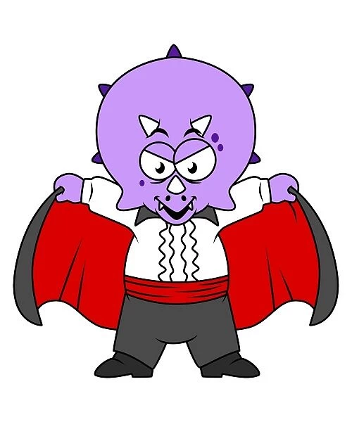 Illustration of a Ceratops dinosaur dressed up as Count Dracula