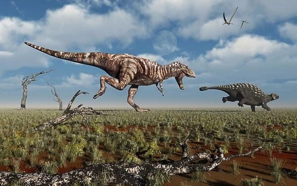A Tyrannosaurus Rex giving chase to an Ankylosaurus