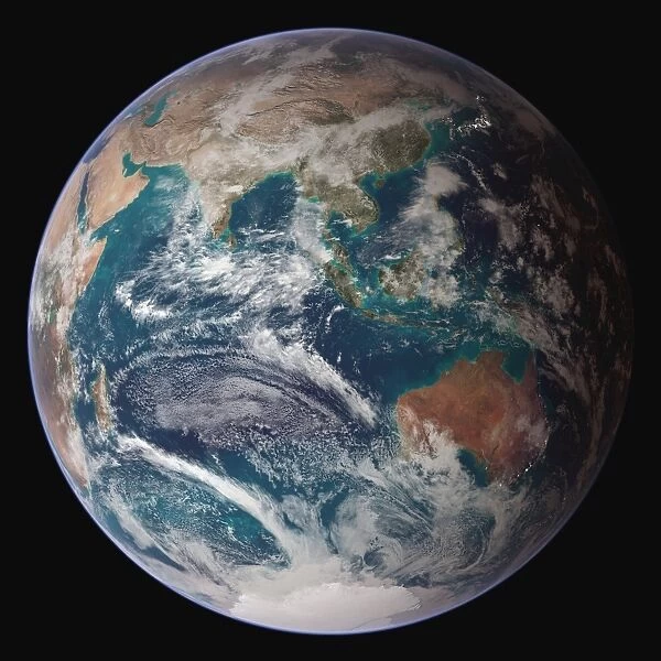 A full view of Earth showing global data for land surface, polar sea ice, and chlorophyll