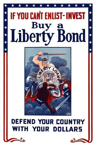 World War Two poster of a swordsman representing a liberty loan