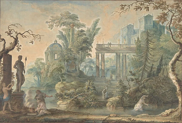 Arcadian Landscape with several Figures and a Statue of Apollo, 18th century