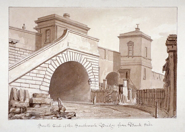 View of the south end of Southwark Bridge from Bankside, Southwark, London, 1828