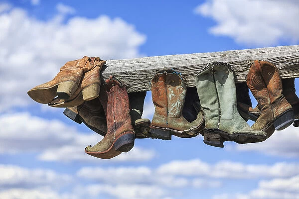 Old Cowboy Boots Hanging In Memory Of John Booth, Great Sandhills, Near Sceptre; Saskatchewan, Canada