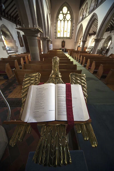 An Open Bible On A Gold Podium In St. Andrews Church; Kelso, Scottish Borders, Scotland