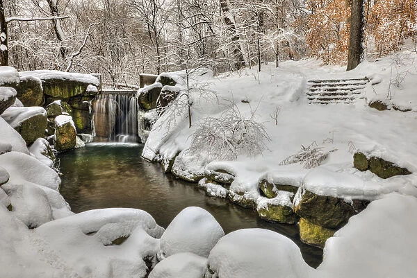 Snow-Covered Waterfall In The Loch, Central Park; New York City, New York, United States Of America