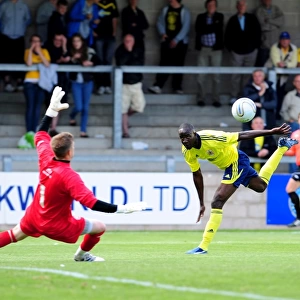 Bristol Citys Albert Adomah lifts the ball over the keeper but his effort is cleared off the line