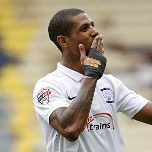 Preston North End's Jermaine Beckford Celebrates at Half Time during Sky Bet Football League One Play-Off Semi Final vs Chesterfield