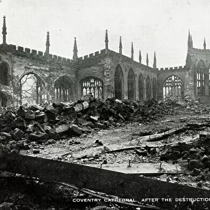 Coventry Cathedral in ruins after bombing, WW2