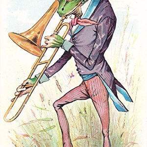Frog playing trombone on a New Year card