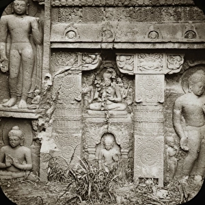Indian stone relief carving on a temple facade