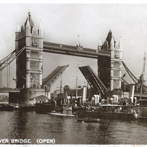 Tower Bridge open to allow ships through