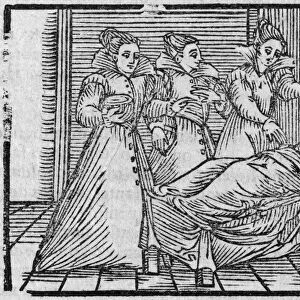 Witches giving potion to woman, 17th cent