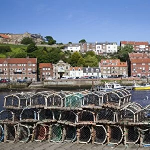 Lobster pots at Endeavour Wharf in Whitby, North Yorkshire, Yorkshire, England, United Kingdom, Europe