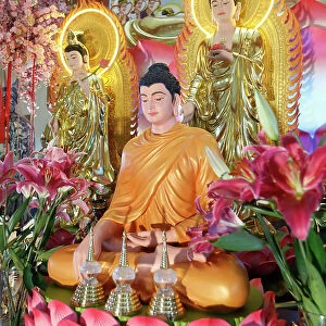 Main altar, Phu Son Tu Buddhist temple, Shakyamuni Buddha statue, Tan Chau, Vietnam, Indochina, Southeast Asia, Asia