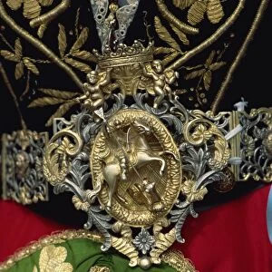 Ornate buckle on traditional Easter costume in the 15th century Albanian town of Piana degli Albanesi, north Sicily