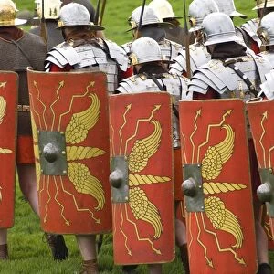 Roman soldiers of the Ermine Street Guard on the march, armour and shield detail