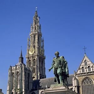 Statue of Rubens and the cathedral on the Groen Plaats in Antwerp, Belgium, Europe