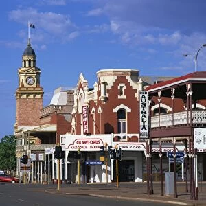 Street scene including clock tower in the outback gold mining town of Kalgoorlie in Western Australia