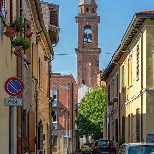 View of church bell tower and narrow street in Rimini, Rimini, Emilia-Romagna, Italy, Europe
