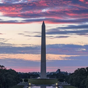 The Washington Monument and Reflecting Pool at sunrise, National Mall, Washington DC, United States of America, North America